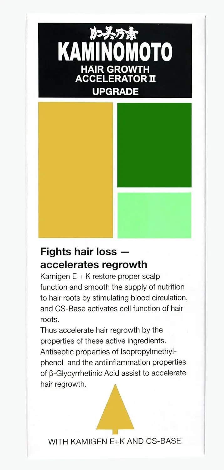 Kaminomoto Hair Growth Accelerator II promotes hair regrowth and fights hair loss, restoring scalp function and preventing dandruff on normal hair and skin.