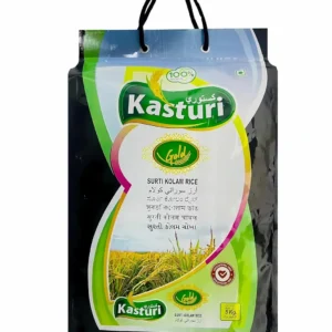 Bag of Kasturi Surti Kolam rice, a premium quality, cholesterol-free, medium-grain rice ideal for various Indian dishes.