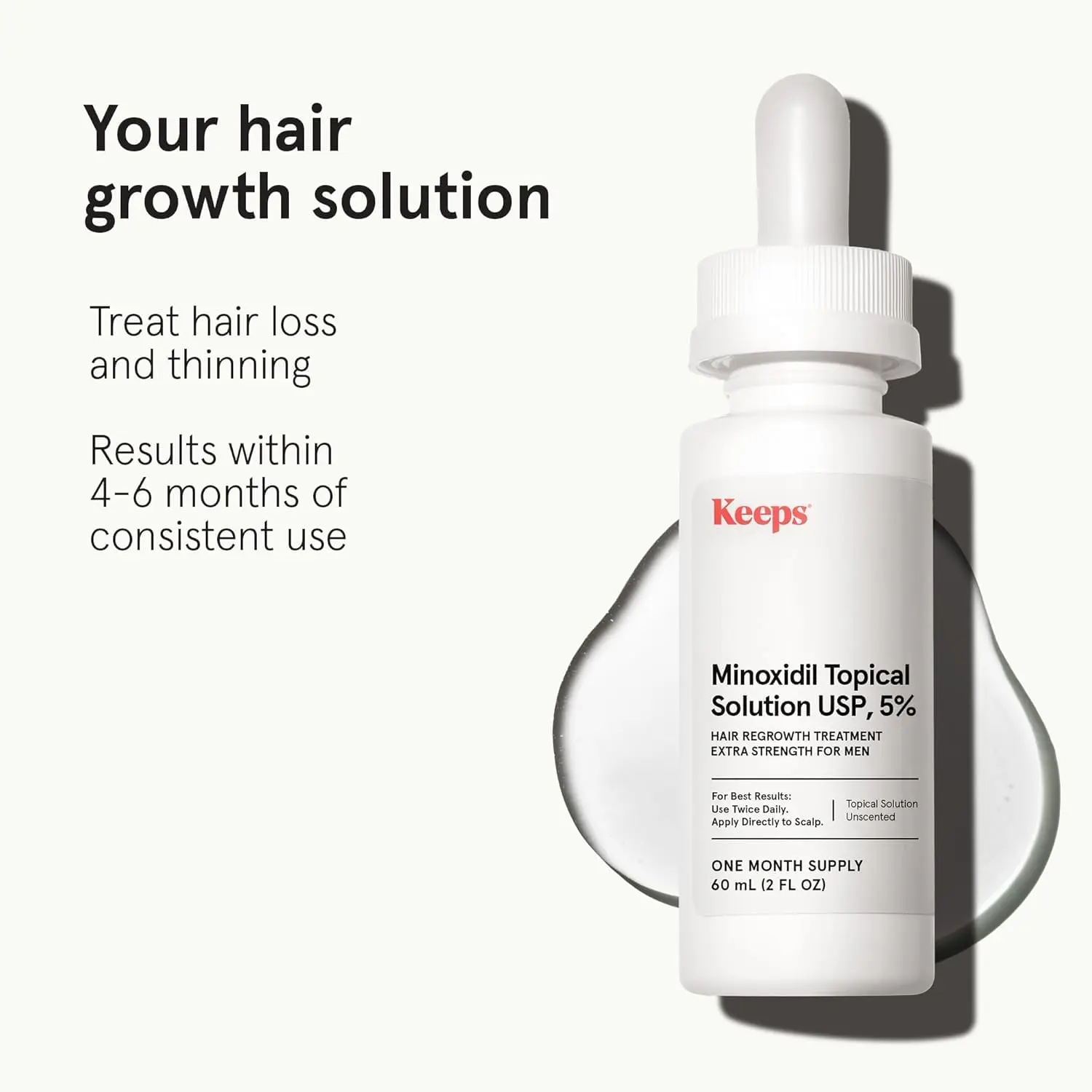 Keeps 5% minoxidil hair growth serum supports hair regrowth for men experiencing thinning hair and hair loss, especially at the crown.