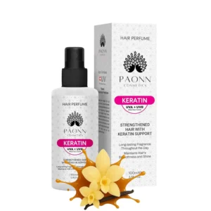 PAONN Keratin hair perfume mist with UVA and UVB protection strengthens, adds shine, and provides a long-lasting fresh scent for all hair types.