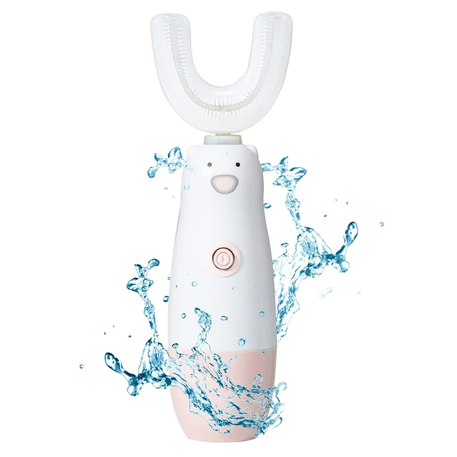 Pink astronaut-themed U-shaped electric toothbrush for kids ages 2-7, providing 360-degree cleaning and six vibration modes.