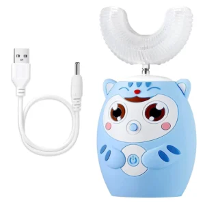 Blue U-shaped kids electric toothbrush with cartoon design for children ages 2-6, offering ultrasonic cleaning and six modes.