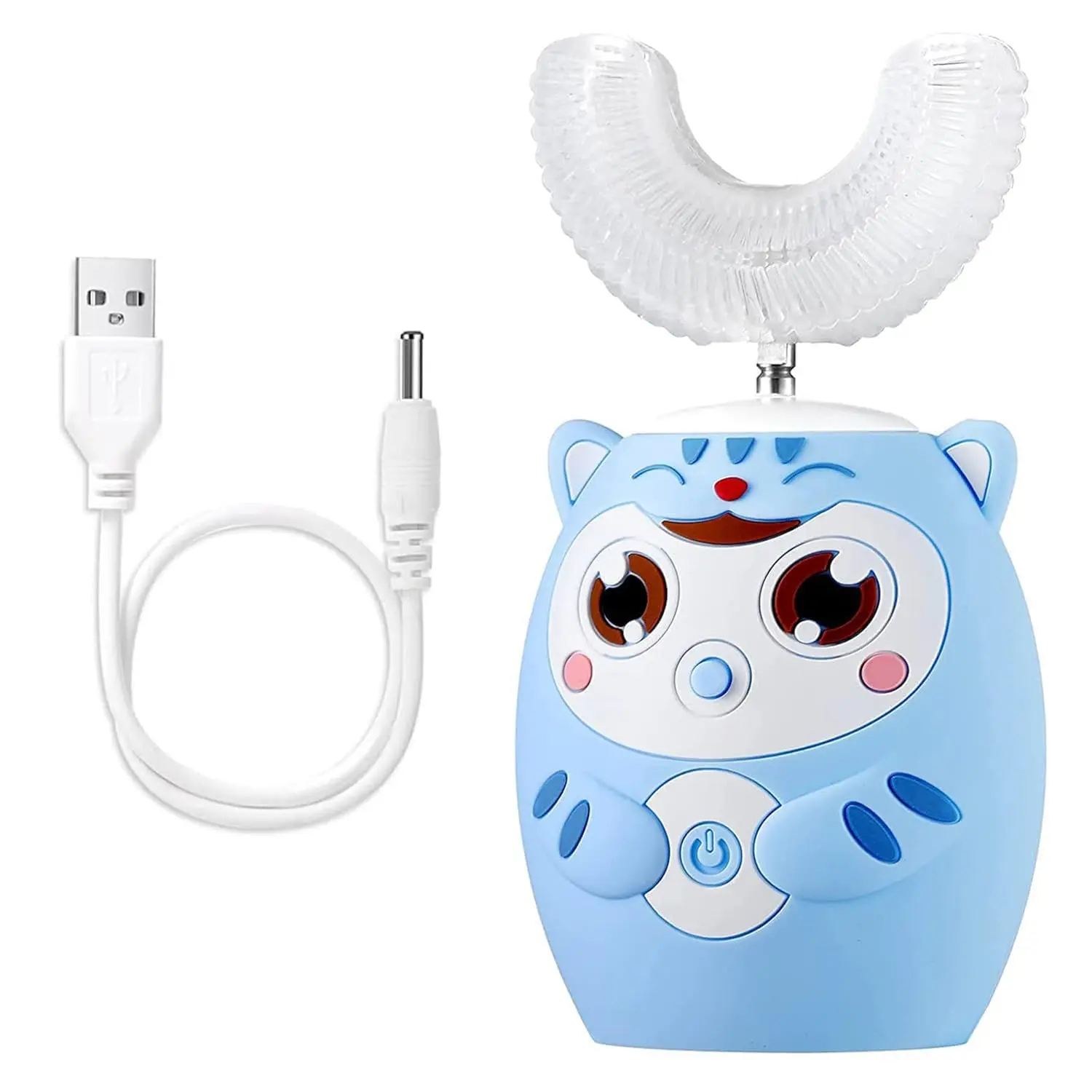 Blue U-shaped kids electric toothbrush with cartoon design for children ages 2-6, offering ultrasonic cleaning and six modes.