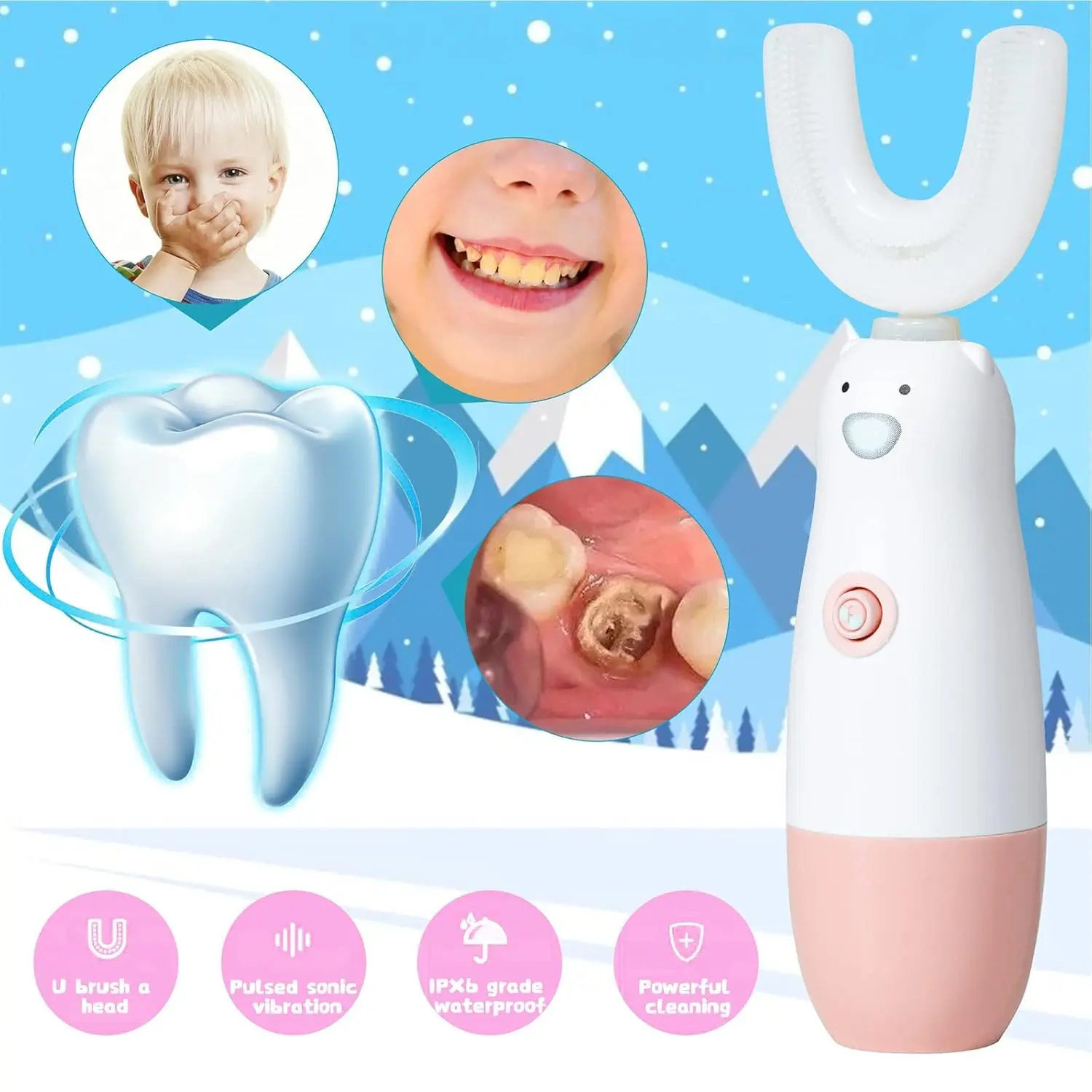 Pink astronaut-themed U-shaped electric toothbrush for kids ages 2-7, providing 360-degree cleaning and six vibration modes.