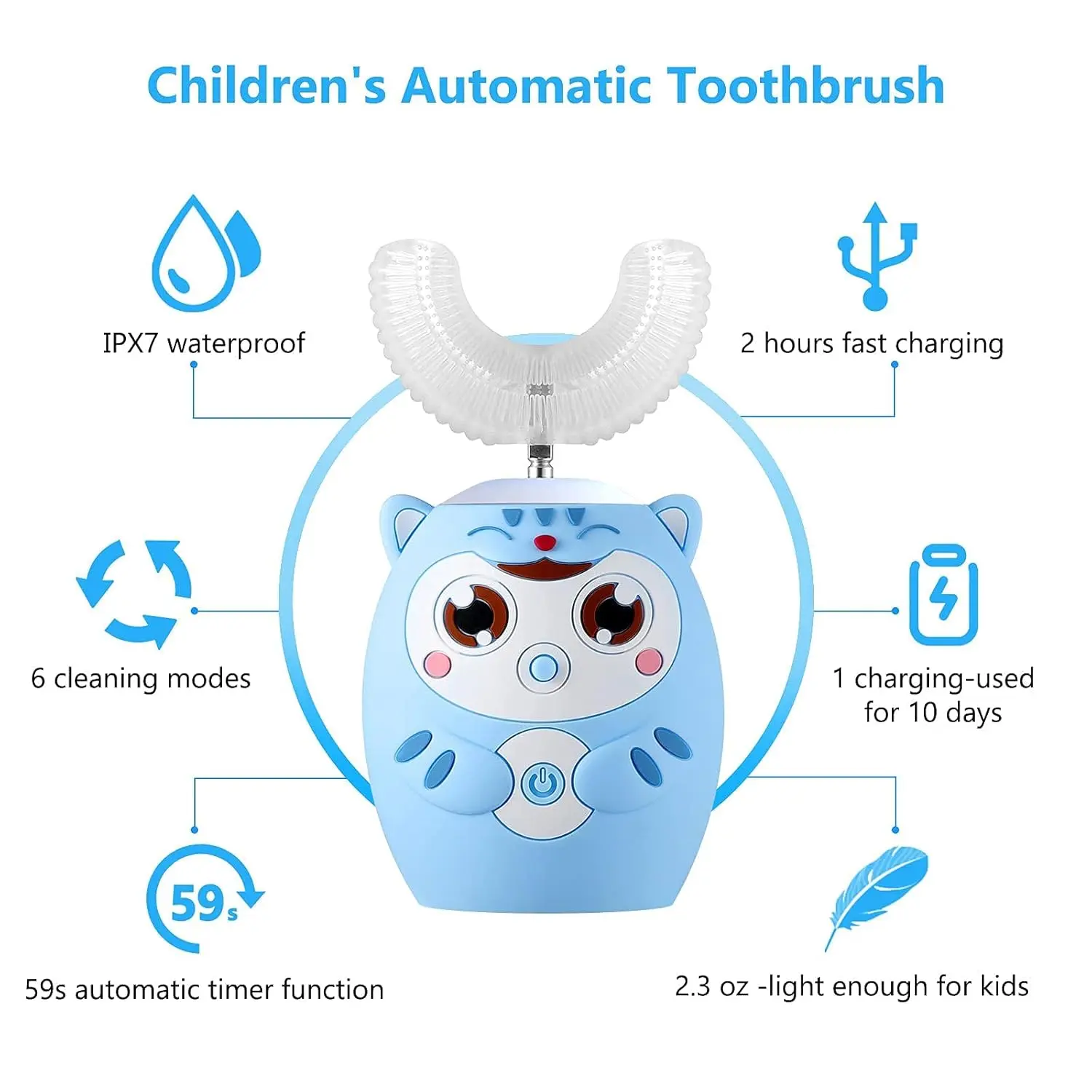 Blue U-shaped kids electric toothbrush with cartoon design for children ages 2-6, offering ultrasonic cleaning and six modes.