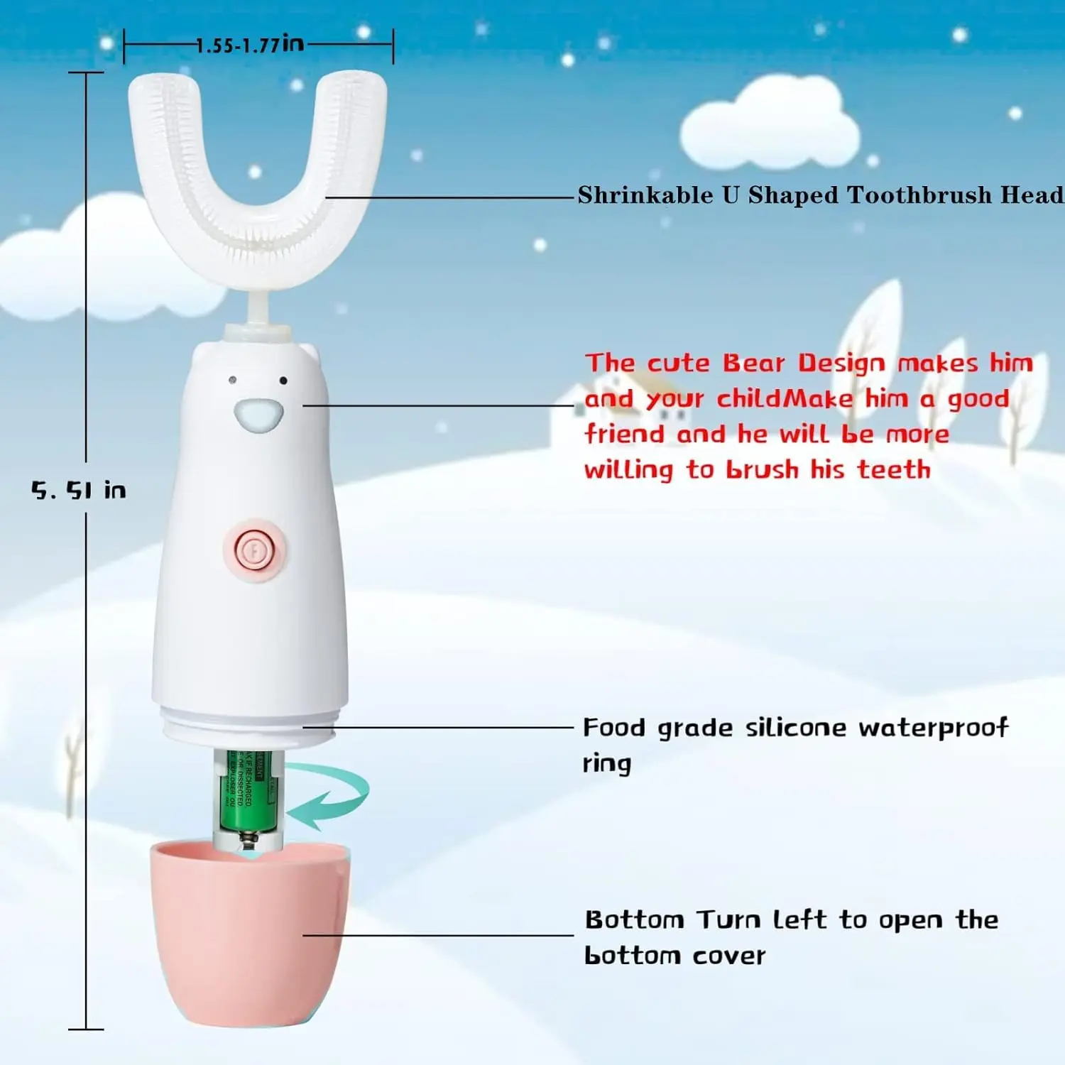 Pink astronaut-themed U-shaped electric toothbrush for kids ages 2-7, providing 360-degree cleaning and six vibration modes.
