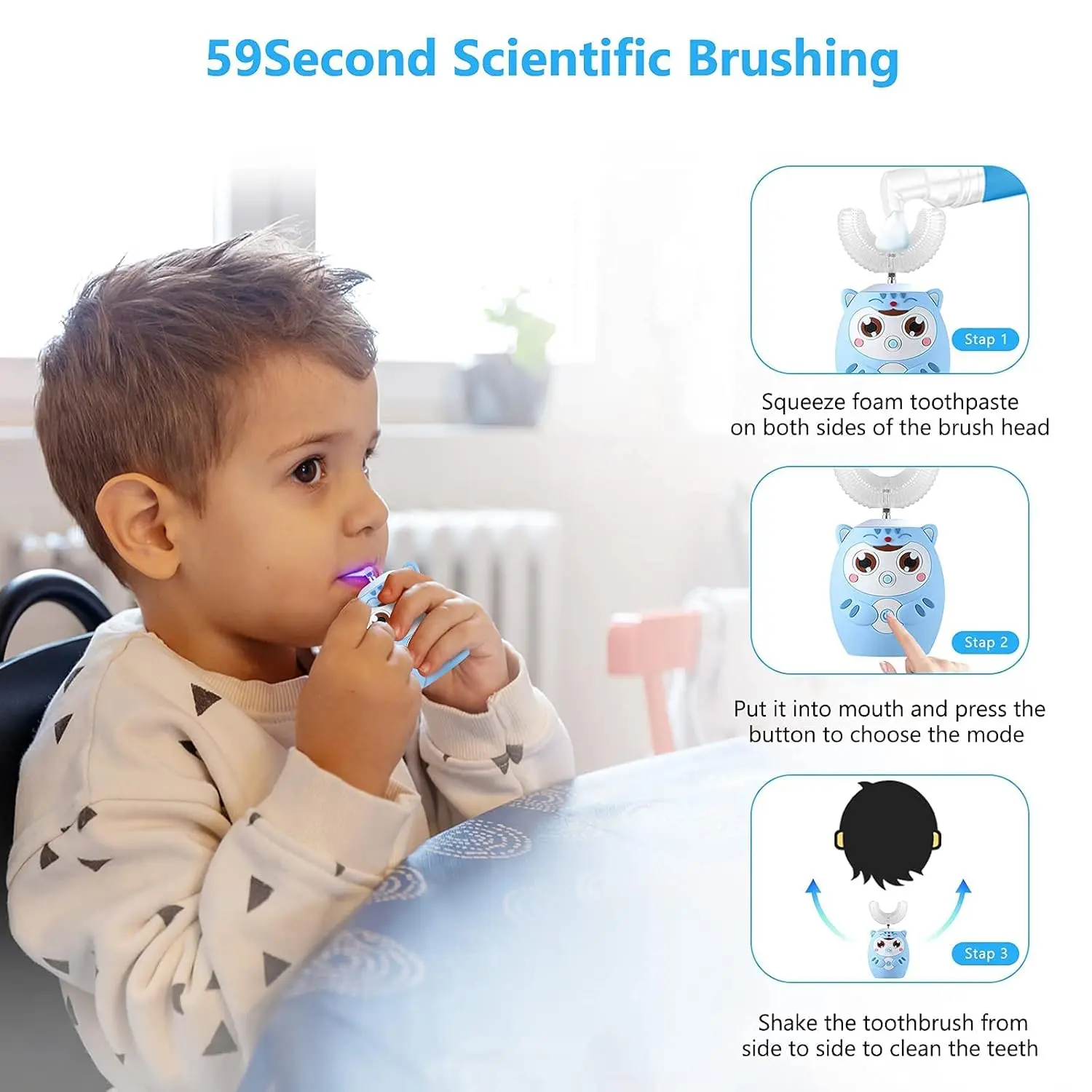 Blue U-shaped kids electric toothbrush with cartoon design for children ages 2-6, offering ultrasonic cleaning and six modes.