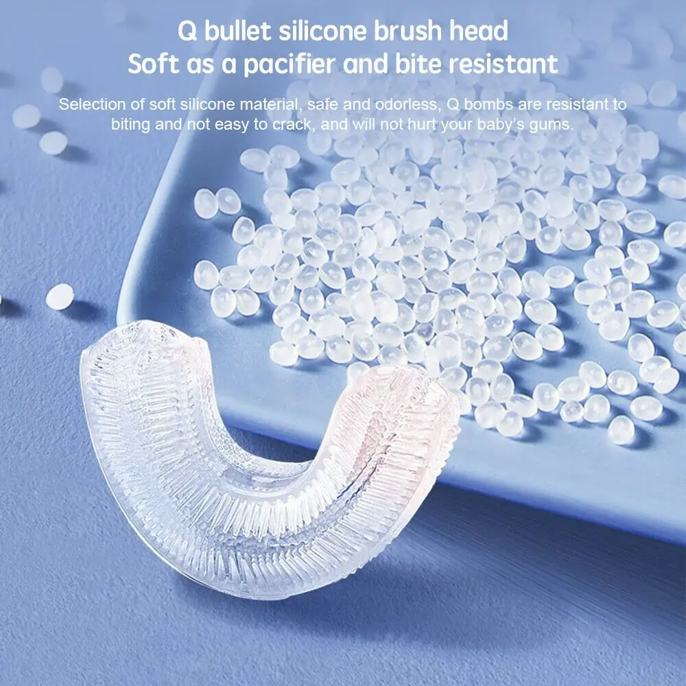 Pink astronaut-themed U-shaped electric toothbrush for kids ages 2-7, providing 360-degree cleaning and six vibration modes.