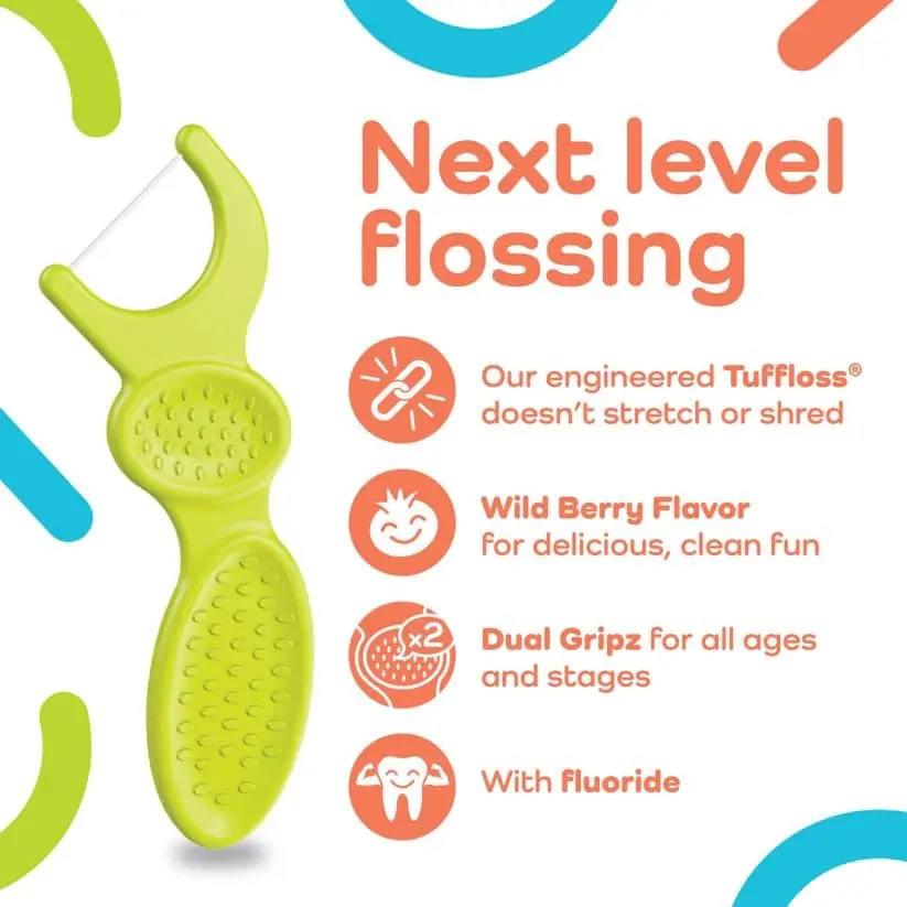 These fun, fruit smoothie swirl kids' flossers feature easy-grip handles and strong floss for effective dental cleaning between children's teeth.
