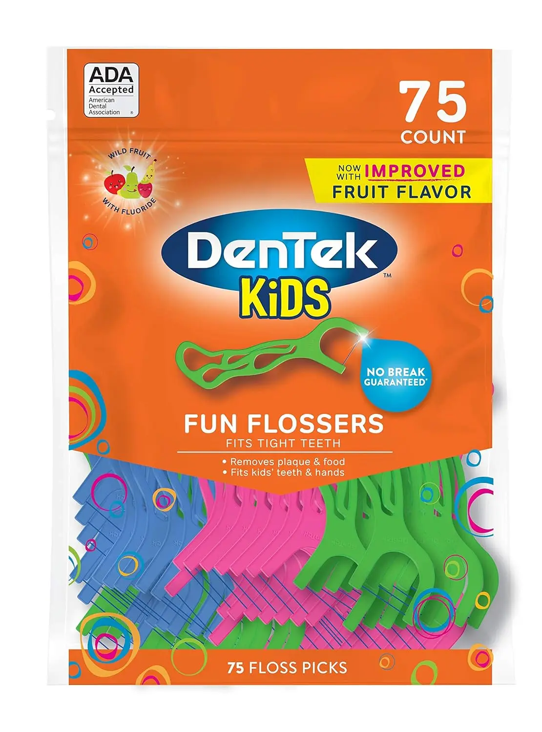 DenTek kids flossers with wild fruit flavor encourage children to establish healthy dental care habits by removing food and plaque.