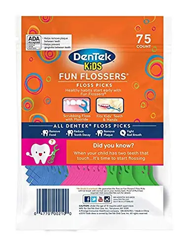 DenTek kids flossers with wild fruit flavor encourage children to establish healthy dental care habits by removing food and plaque.