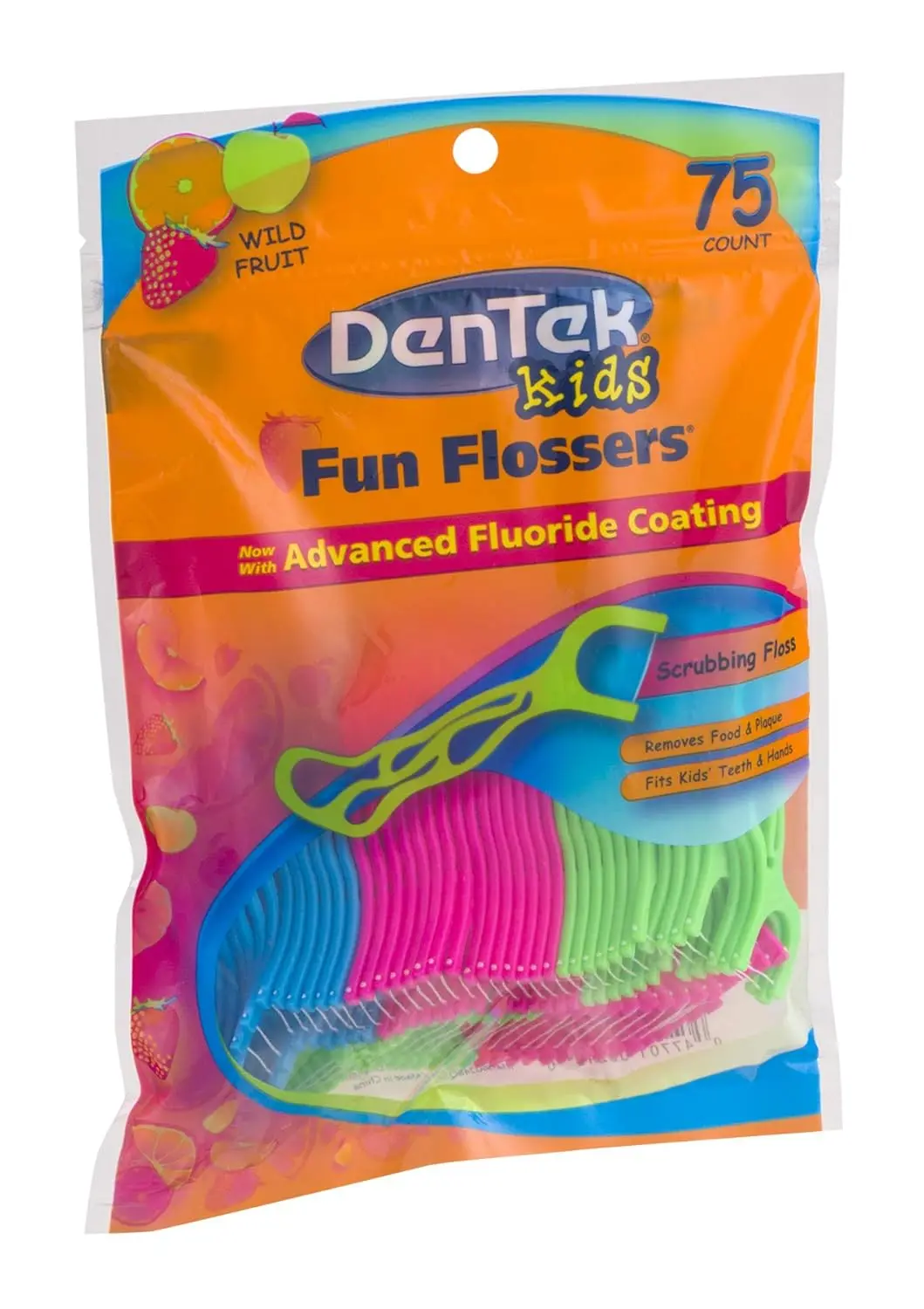 DenTek kids flossers with wild fruit flavor encourage children to establish healthy dental care habits by removing food and plaque.