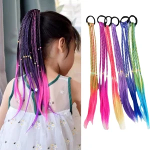 Six colorful rainbow hair extensions are attached to a young girl's hair, adding vibrant braids for a fun and playful look perfect for parties, cosplay, and everyday styling.