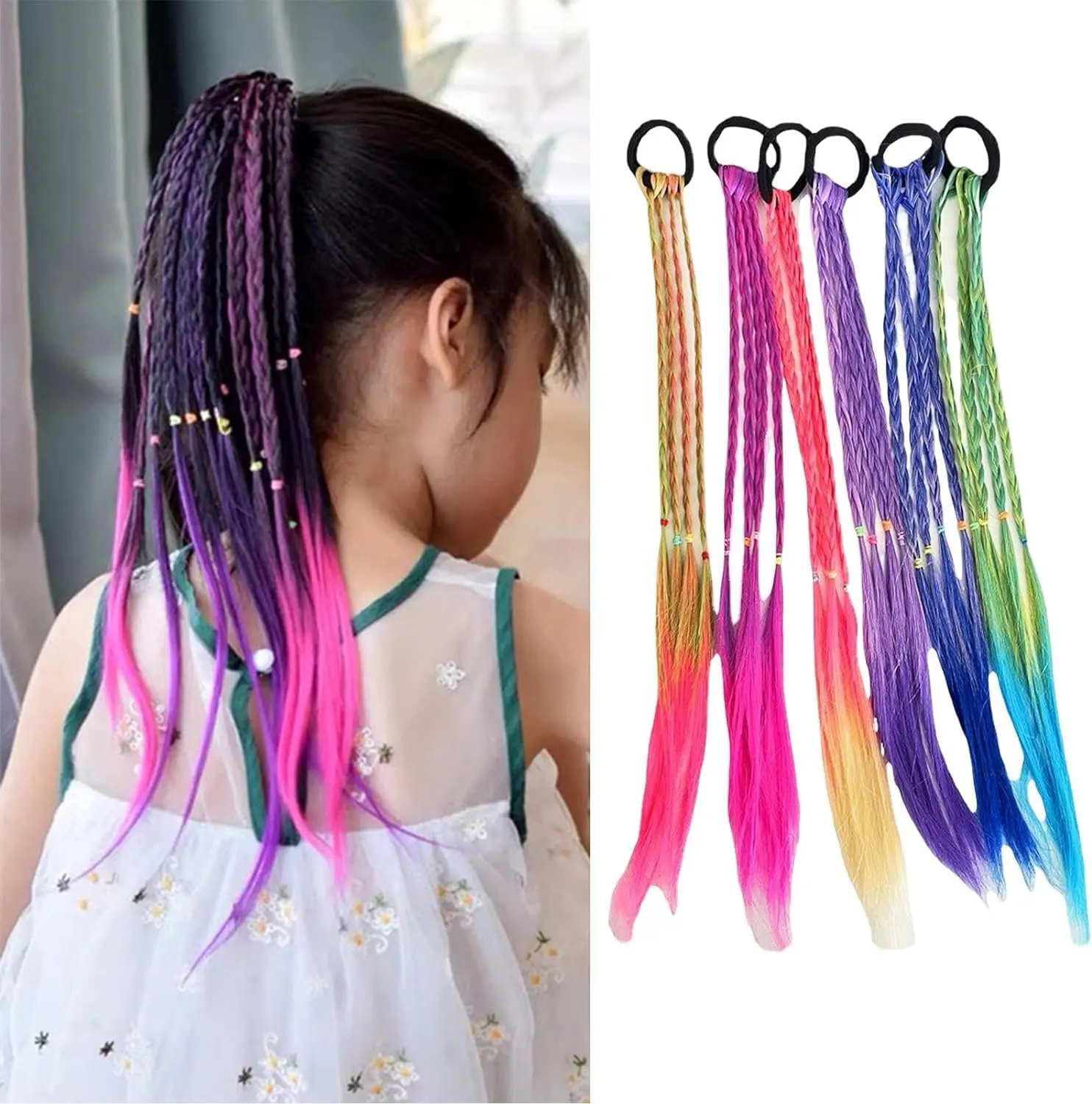 Six colorful rainbow hair extensions are attached to a young girl's hair, adding vibrant braids for a fun and playful look perfect for parties, cosplay, and everyday styling.