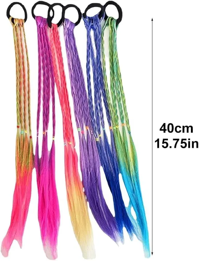 Six colorful rainbow hair extensions are attached to a young girl's hair, adding vibrant braids for a fun and playful look perfect for parties, cosplay, and everyday styling.