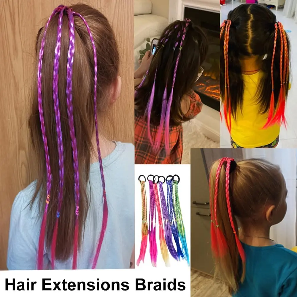 Six colorful rainbow hair extensions are attached to a young girl's hair, adding vibrant braids for a fun and playful look perfect for parties, cosplay, and everyday styling.