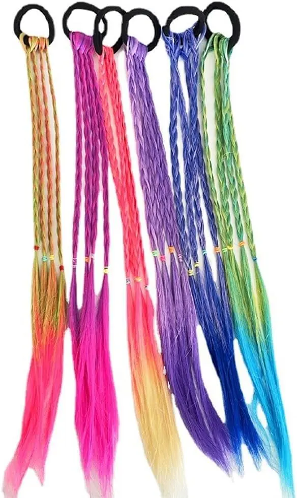 Six colorful rainbow hair extensions are attached to a young girl's hair, adding vibrant braids for a fun and playful look perfect for parties, cosplay, and everyday styling.