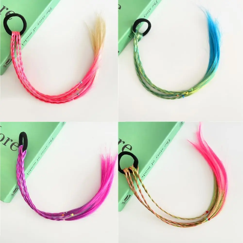 Six colorful rainbow hair extensions are attached to a young girl's hair, adding vibrant braids for a fun and playful look perfect for parties, cosplay, and everyday styling.