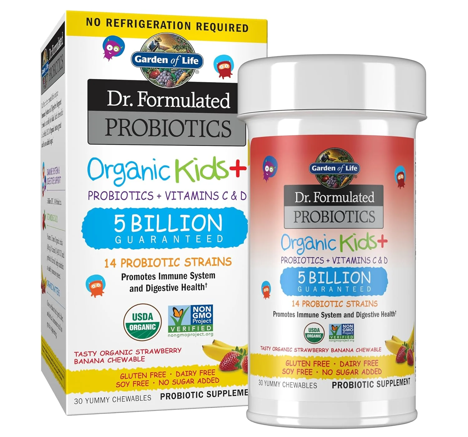 Kids Probiotics + Vitamins C & D, Organic, Strawberry Banana