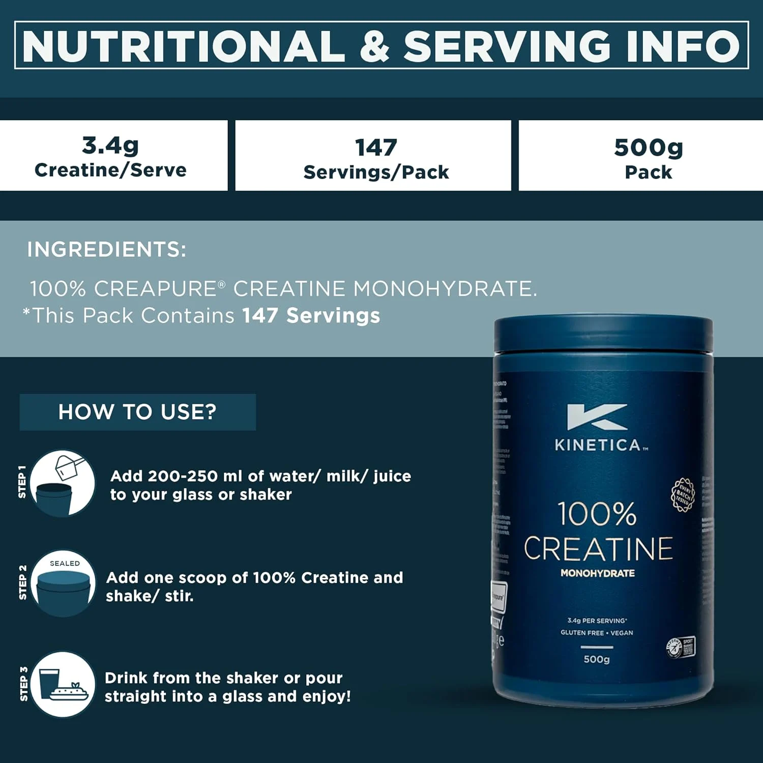 Kinetica Creatine Monohydrate - Unflavoured, Vegan - Image 6