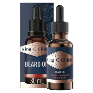 King C. Gillette beard oil, formulated with plant-based oils like Argan and Jojoba, moisturizes and softens dry beards.