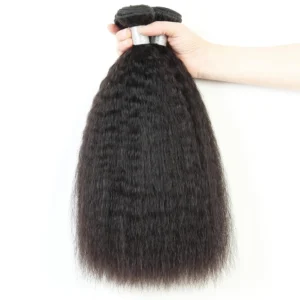 Three bundles of 100% unprocessed Brazilian virgin Remy human hair in a natural black color with a kinky straight texture, perfect for weaving and creating a quick weave hairstyle.