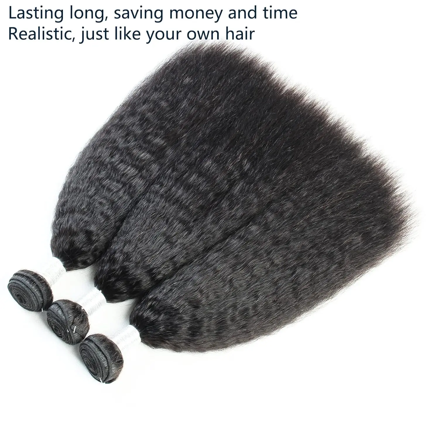 Three bundles of 100% unprocessed Brazilian virgin Remy human hair in a natural black color with a kinky straight texture, perfect for weaving and creating a quick weave hairstyle.