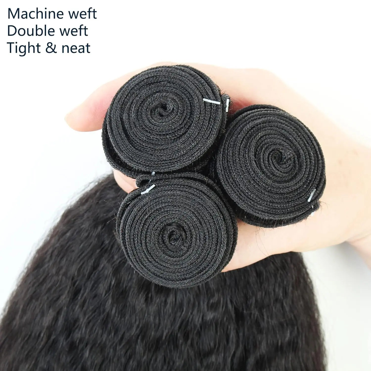 Three bundles of 100% unprocessed Brazilian virgin Remy human hair in a natural black color with a kinky straight texture, perfect for weaving and creating a quick weave hairstyle.