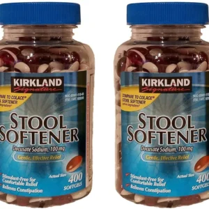 Two bottles of Kirkland Signature Stool Softener 100mg, each containing 400 softgels, providing a total of 800 capsules for gentle and effective relief of occasional constipation, comparable to Colace active ingredient.