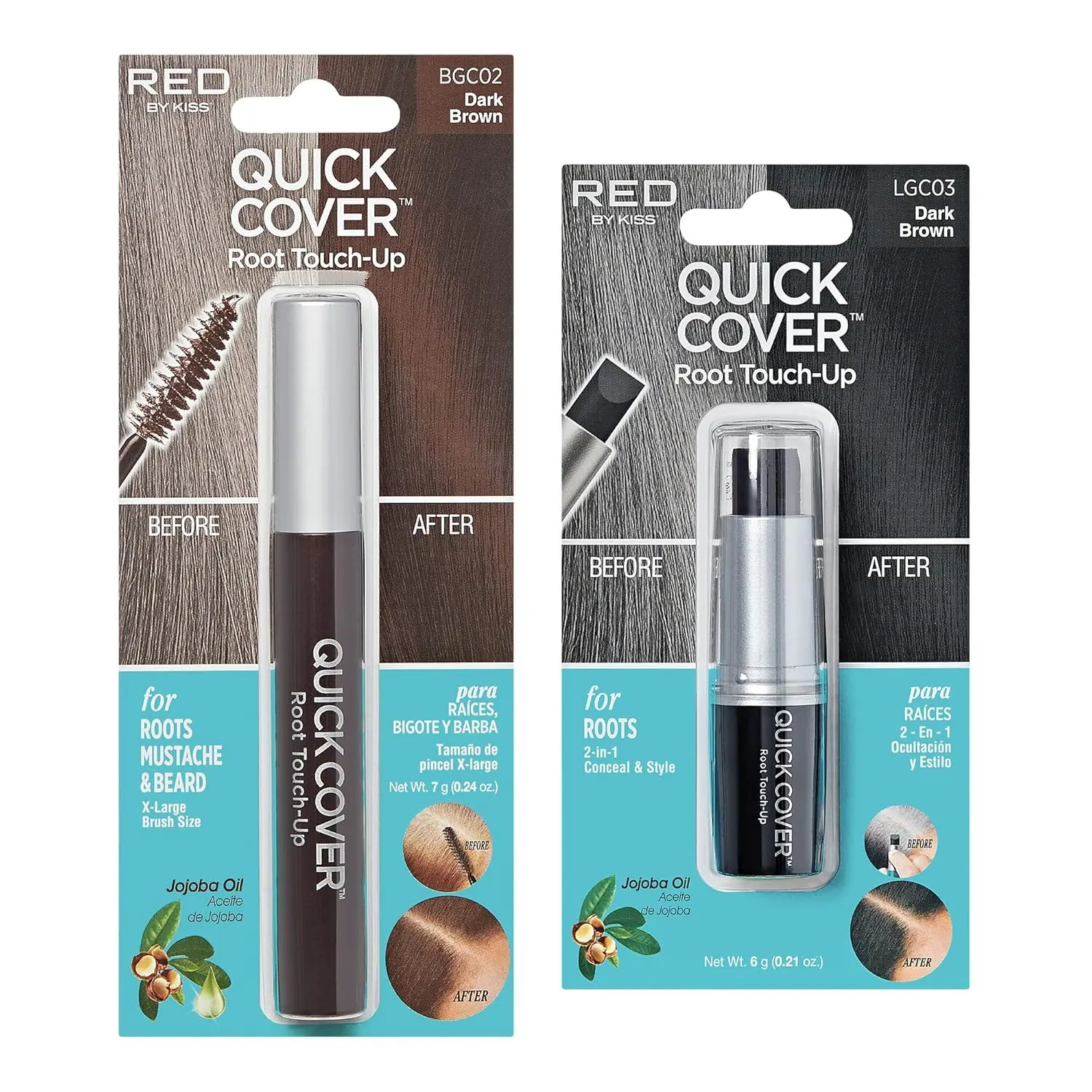 Kiss Quick Cover Dark Brown touch up easily shampoos out and is suitable for covering gray roots, sideburns, hairlines, moustaches, and beards on all hair types.