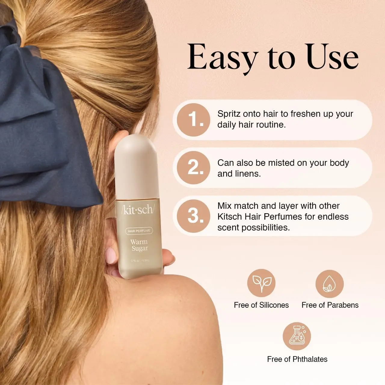 Kitsch Warm Sugar hair perfume is a vanilla-scented mist that eliminates odors and refreshes hair and body with a sweet blend of pink grapefruit and spun sugar.