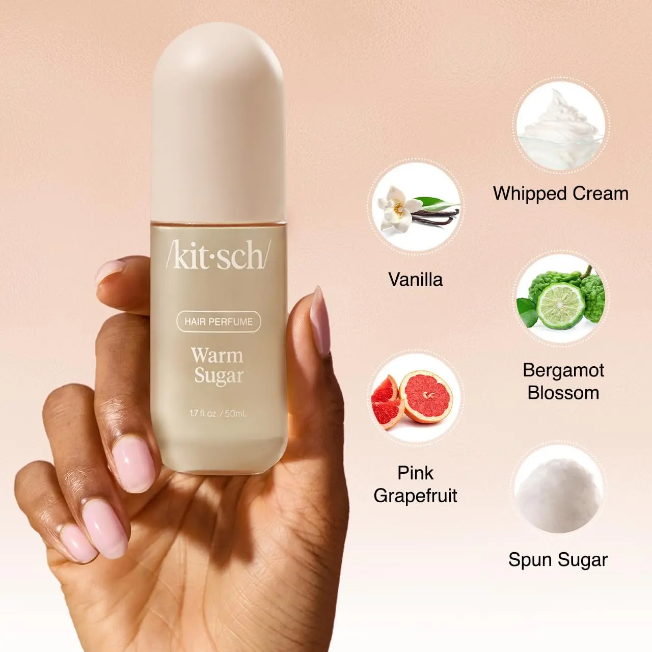 Kitsch Warm Sugar hair perfume is a vanilla-scented mist that eliminates odors and refreshes hair and body with a sweet blend of pink grapefruit and spun sugar.