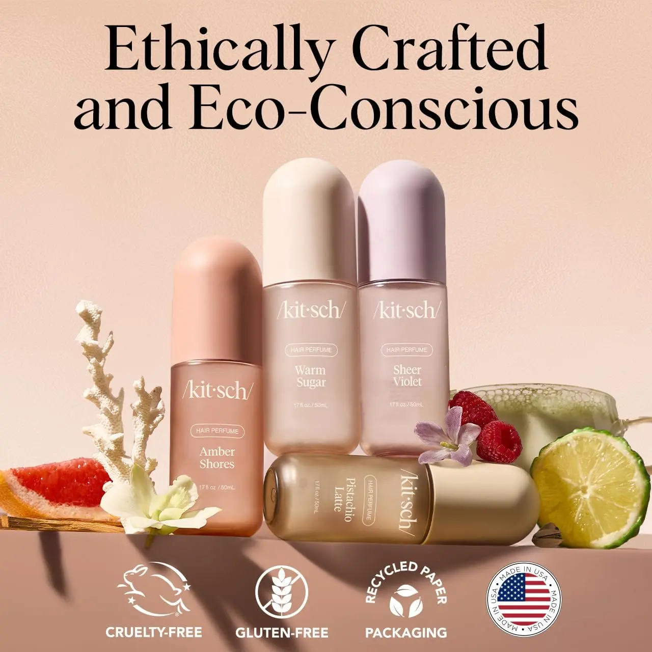 Kitsch Warm Sugar hair perfume is a vanilla-scented mist that eliminates odors and refreshes hair and body with a sweet blend of pink grapefruit and spun sugar.