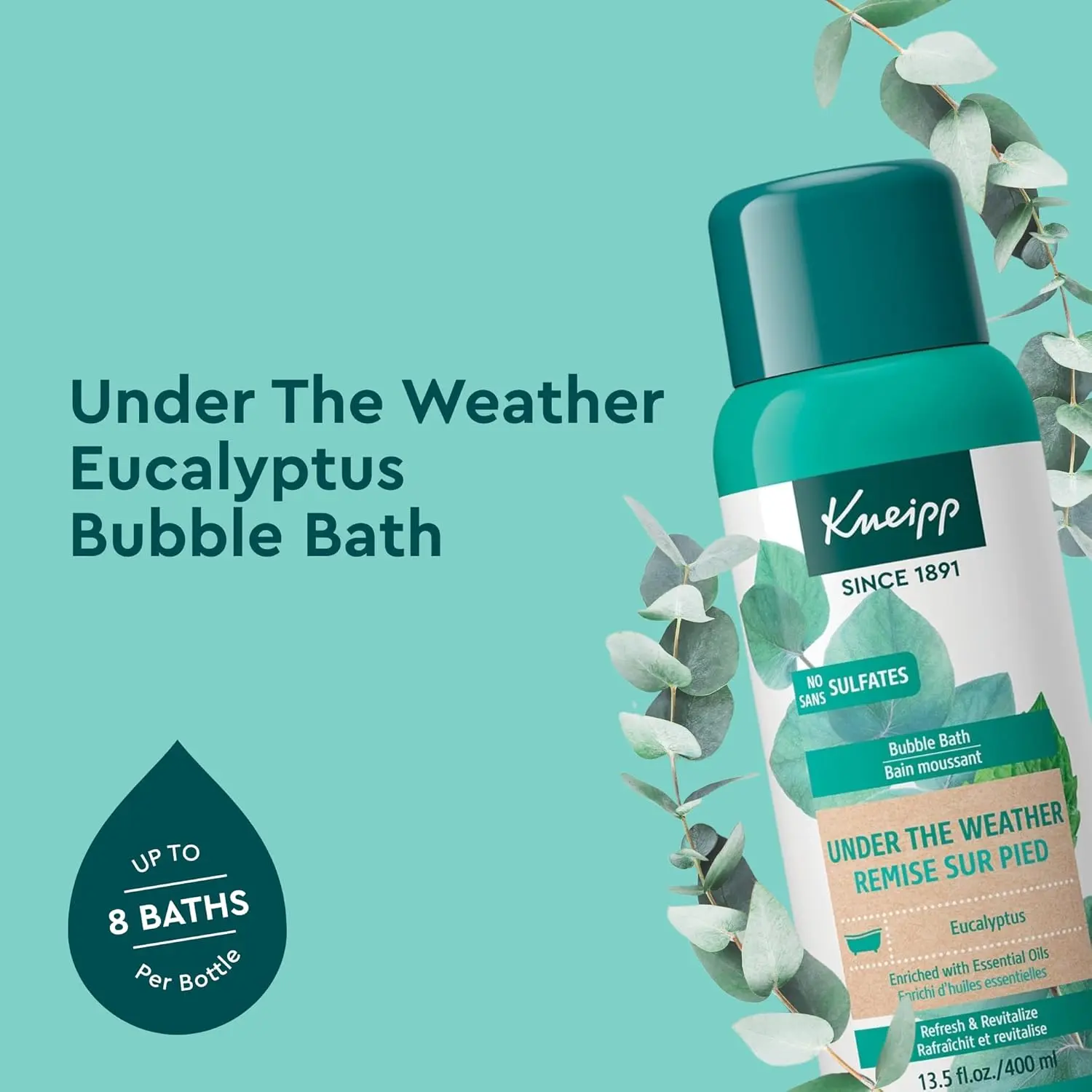 Kneipp Eucalyptus Aromatherapy Bubble Bath provides respiratory wellness and under the weather relief with plant-based, vegan ingredients for up to eight relaxing aromatherapy baths.