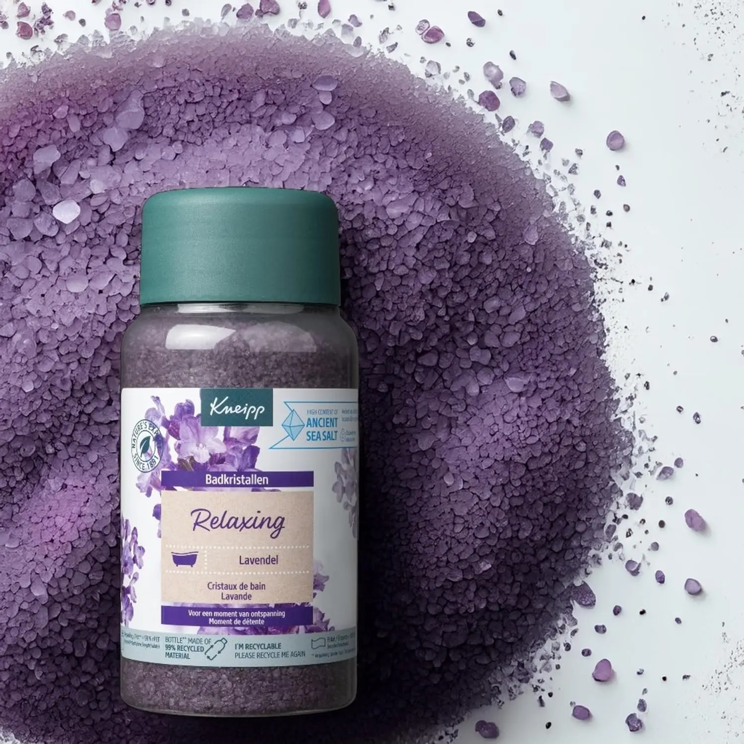 Kneipp purple bath crystals with lavender essential oil and sea salt offer a relaxing vegan bath experience in recycled packaging.