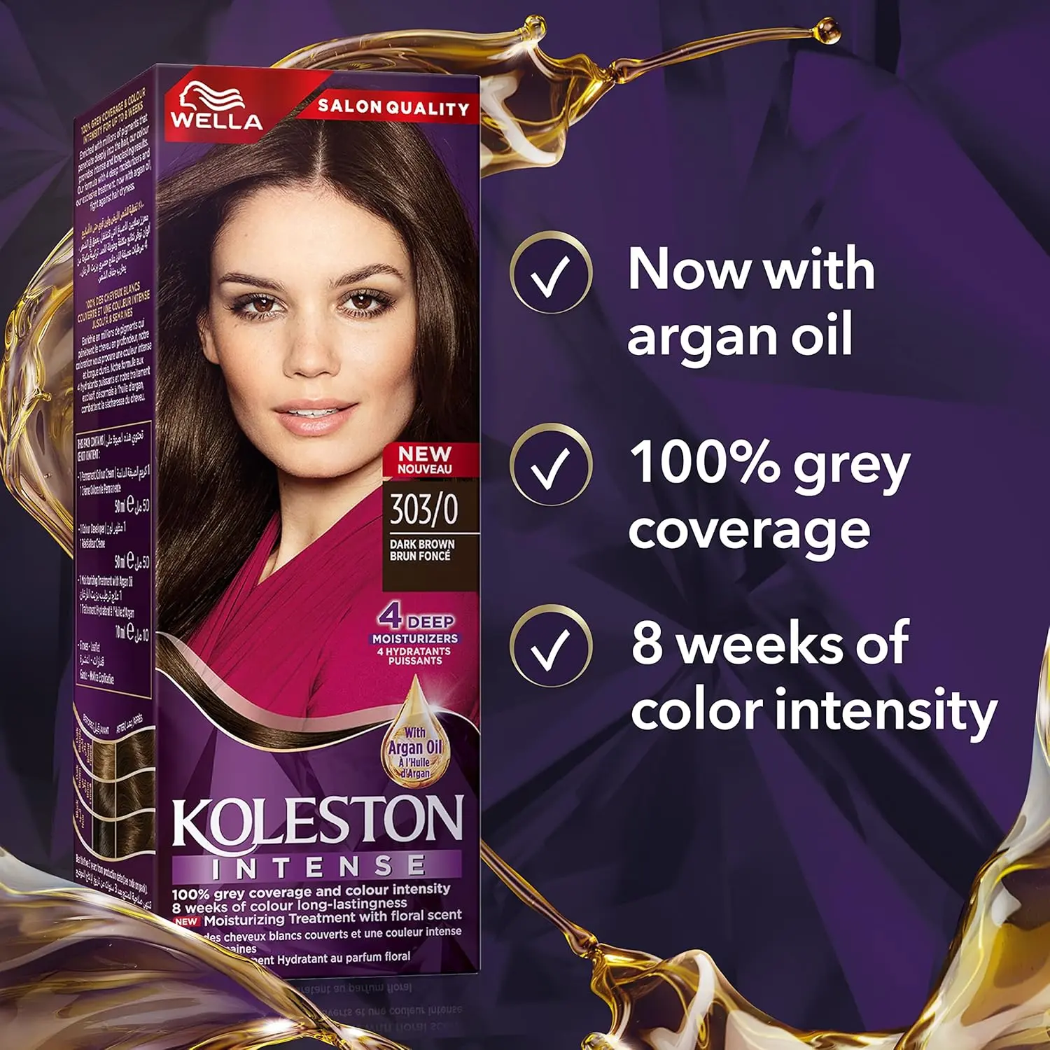KOLESTON Intense dark brown hair dye delivers expert, long-lasting color with irresistible shine and grey coverage, conditioning hair with oil replacement.