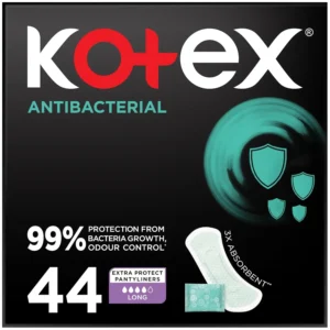 Kotex long antibacterial panty liners provide 99% protection from bacteria growth, odor control, and discreet freshness.