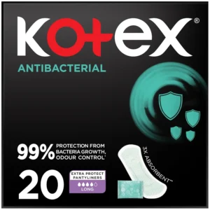 Kotex long antibacterial panty liners provide 99% protection from bacteria growth and odor, offering discreet and comfortable daily freshness.