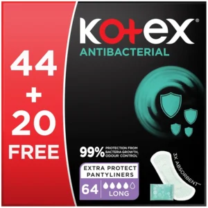 Kotex long antibacterial panty liners provide 99% protection from bacteria and odor for ultimate freshness and dryness.
