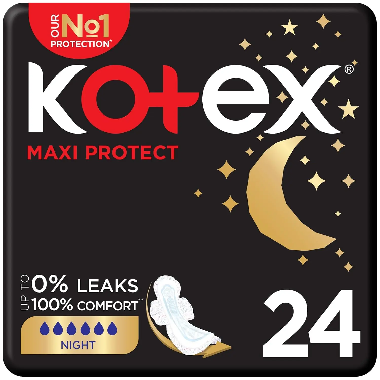 Kotex Maxi Thick Night Pads with wings offer overnight protection and comfort with their soft top cover and anti-leak channels.