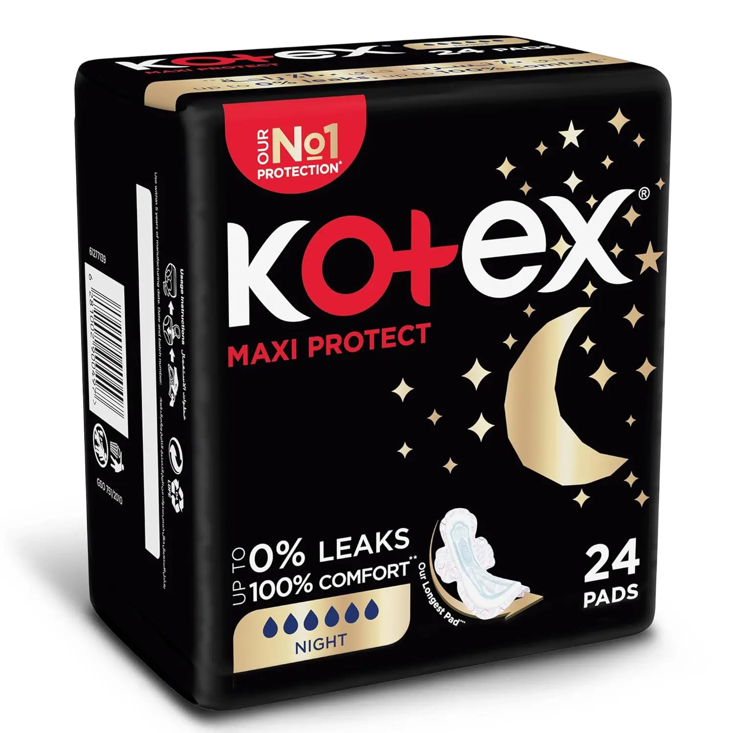 Kotex Maxi Thick Night Pads with wings offer overnight protection and comfort with their soft top cover and anti-leak channels.