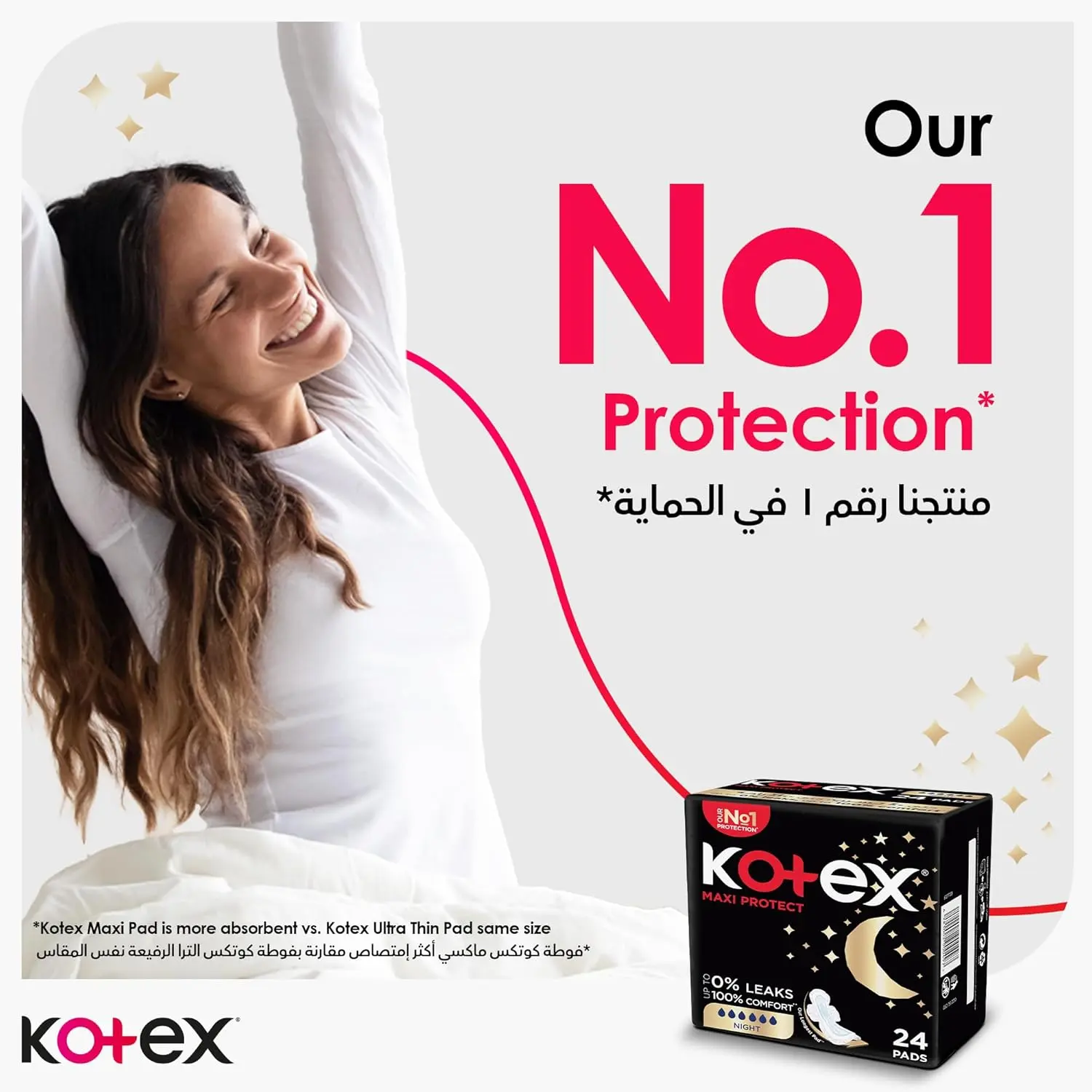 Kotex Maxi Thick Night Pads with wings offer overnight protection and comfort with their soft top cover and anti-leak channels.