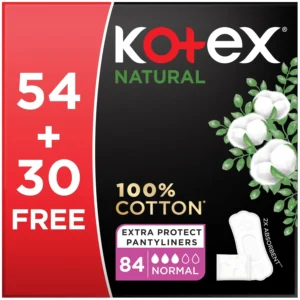 Kotex Natural Panty Liners made with 100% cotton offer all-day comfort, dryness, and gentle protection for daily use.