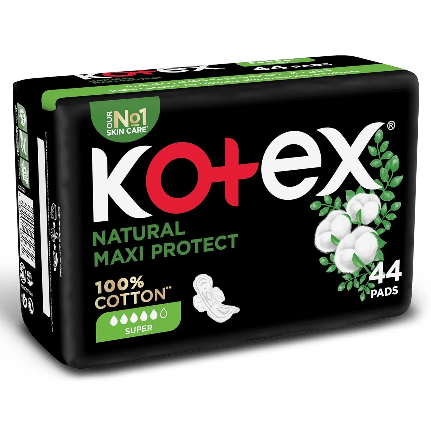 Kotex Natural Maxi Thick sanitary pads for heavy flow days, made with 100% cotton for a soft, hypoallergenic, and absorbent period experience.