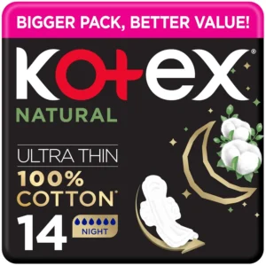 Kotex Natural Ultra Thin overnight pads made with 100% cotton provide discreet and secure protection for a worry-free night's sleep.