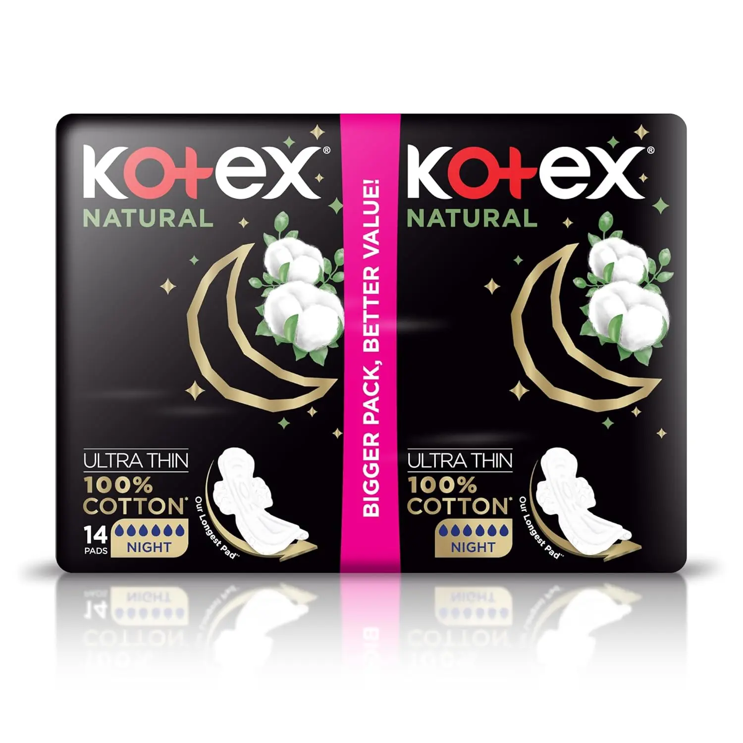Kotex Natural Ultra Thin overnight pads made with 100% cotton provide discreet and secure protection for a worry-free night's sleep.