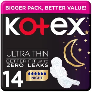 Kotex Ultra Thin Overnight Pads with Wings provide discreet, secure, and comfortable protection for worry-free nights, featuring a soft top cover and wide back coverage.