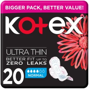 Kotex Ultra Thin sanitary pads with wings offer discreet and comfortable protection for light to medium period flow, featuring a 3D absorbent center and soft, cotton-like cover for women's feminine needs.