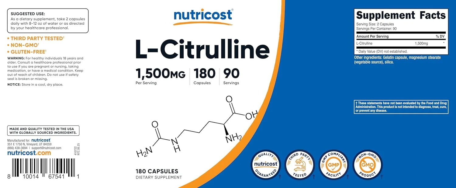 L-Citrulline 1500mg - 180 Capsules, Non-GMO, Gluten Free - Image 6