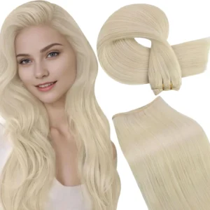 LaaVoo blonde Remy human hair wefts offer a soft, silky straight texture that can be attached with micro beads for a full, natural look.